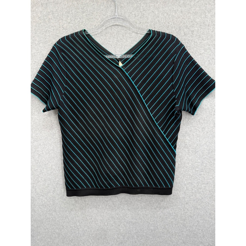 Exclusively Misook Top Women M
 Black Turquoise Diagonal Stripe Faux Wrap Knit
